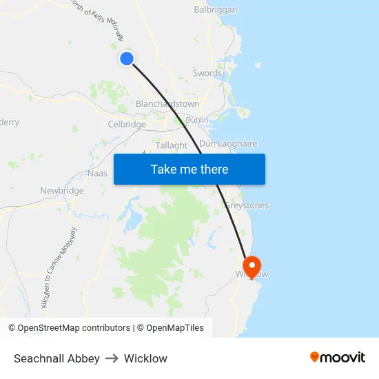 Seachnall Abbey to Wicklow map