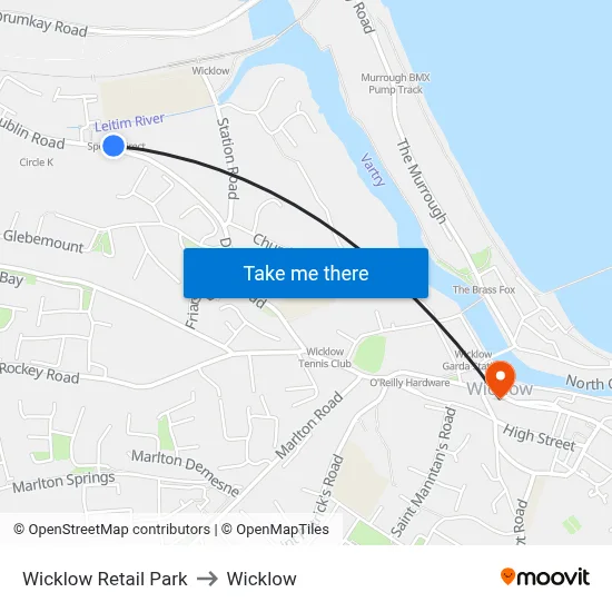 Wicklow Retail Park to Wicklow map