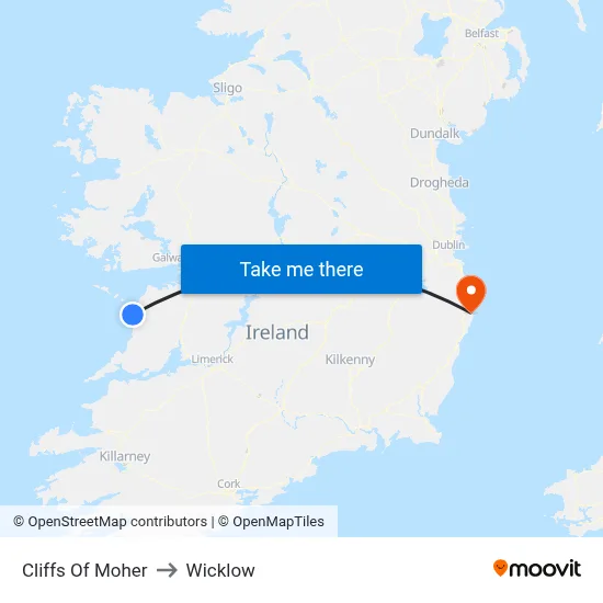 Cliffs Of Moher to Wicklow map