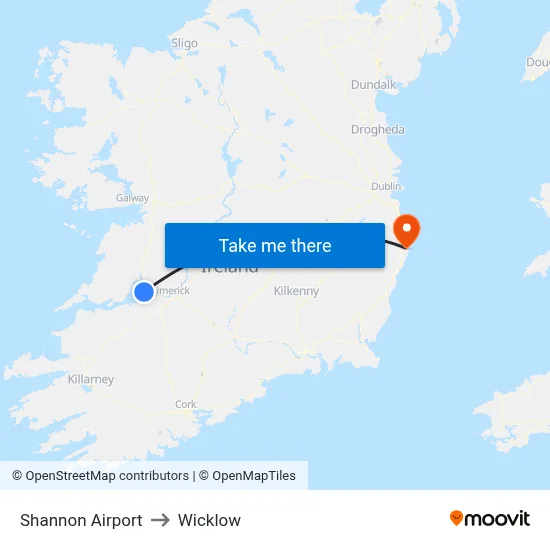 Shannon Airport to Wicklow map