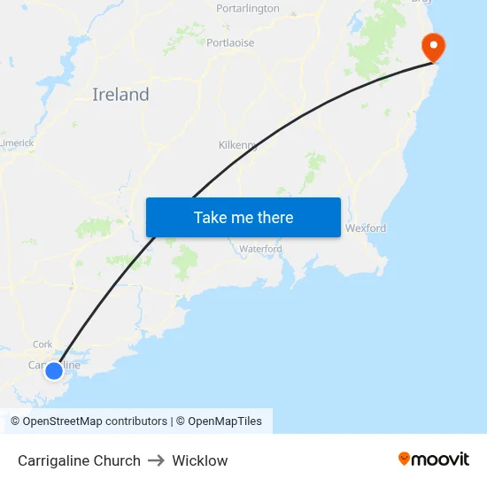 Carrigaline Church to Wicklow map