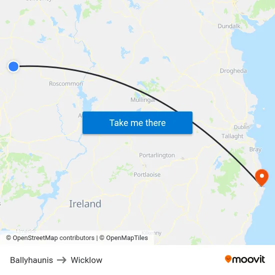 Ballyhaunis to Wicklow map