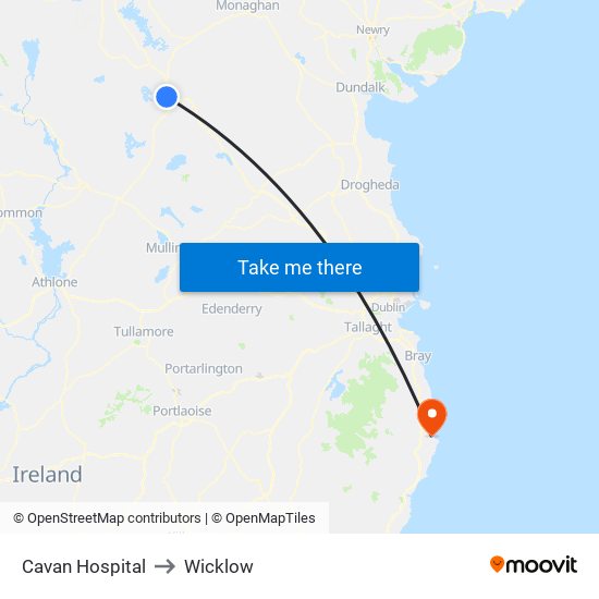 Cavan Hospital to Wicklow map