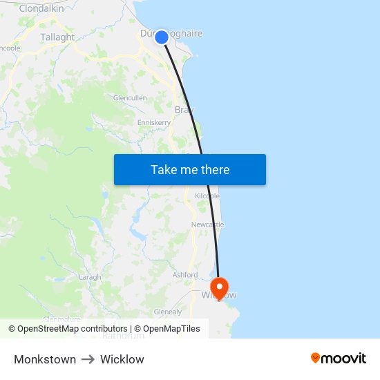 Monkstown to Wicklow map