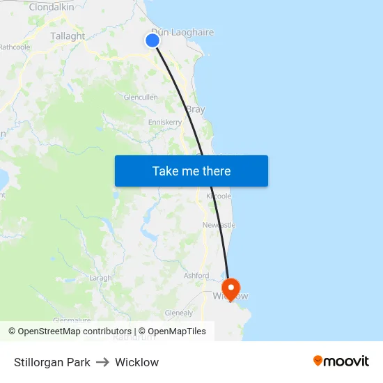 Stillorgan Park to Wicklow map