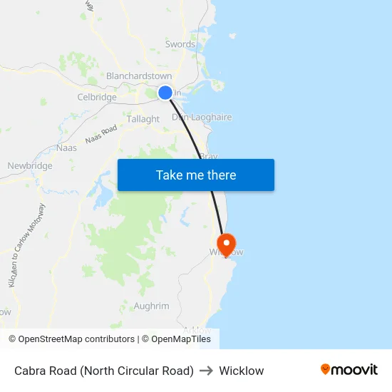 Cabra Road (North Circular Road) to Wicklow map