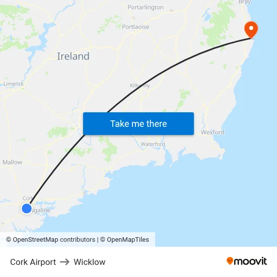 Cork Airport to Wicklow map