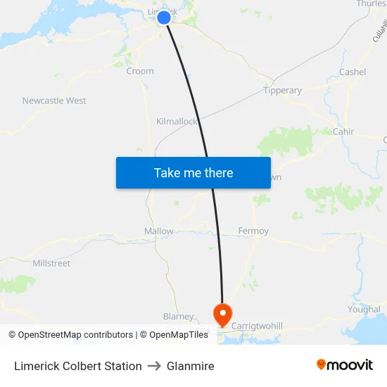 Limerick Colbert Station to Glanmire map