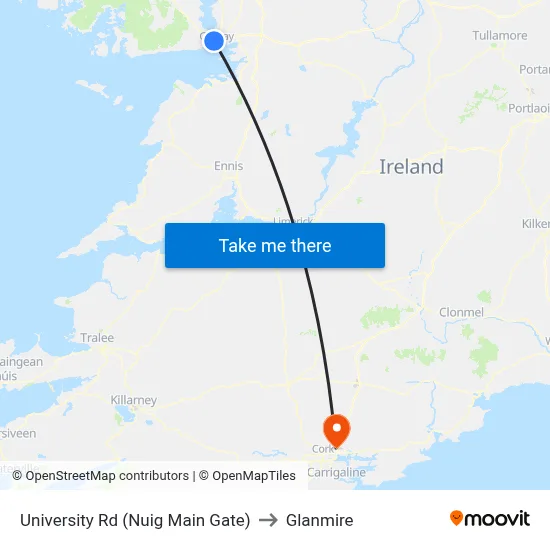 University Rd (Nuig Main Gate) to Glanmire map