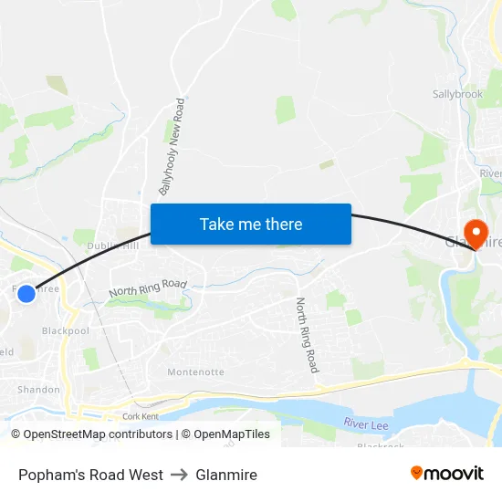 Popham's Road West to Glanmire map