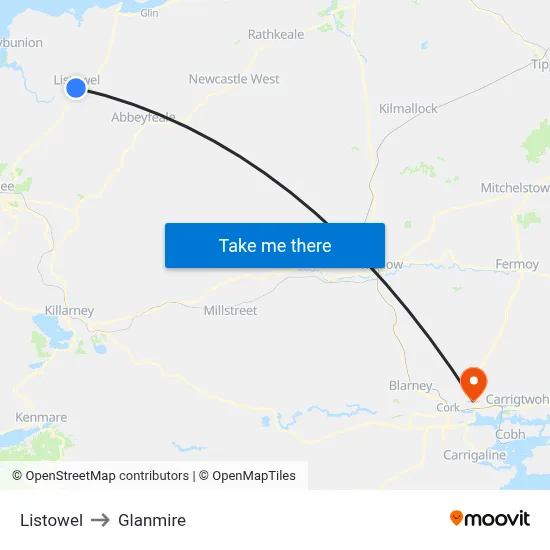 Listowel to Glanmire map