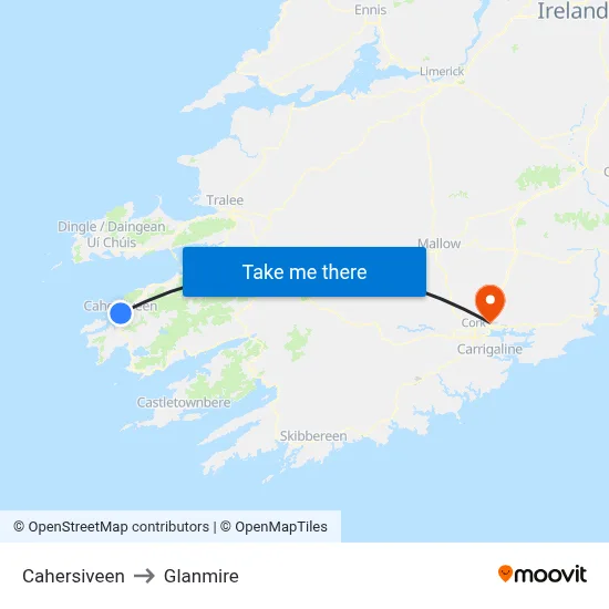 Cahersiveen to Glanmire map