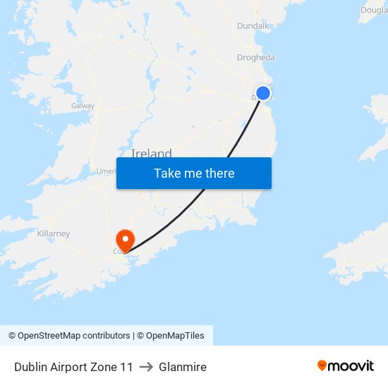 Dublin Airport Zone 11 to Glanmire map