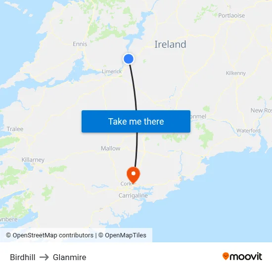 Birdhill to Glanmire map