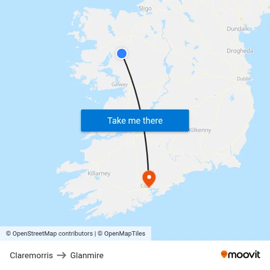 Claremorris to Glanmire map