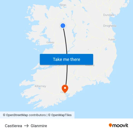 Castlerea to Glanmire map