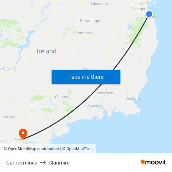 Carrickmines to Glanmire map