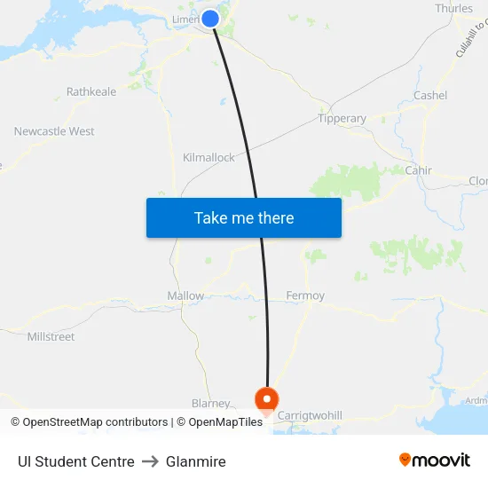 Ul Student Centre to Glanmire map