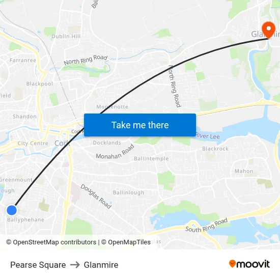 Pearse Square to Glanmire map