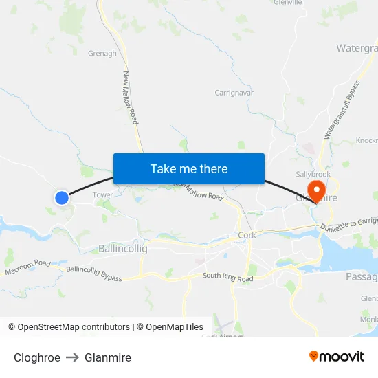 Cloghroe to Glanmire map