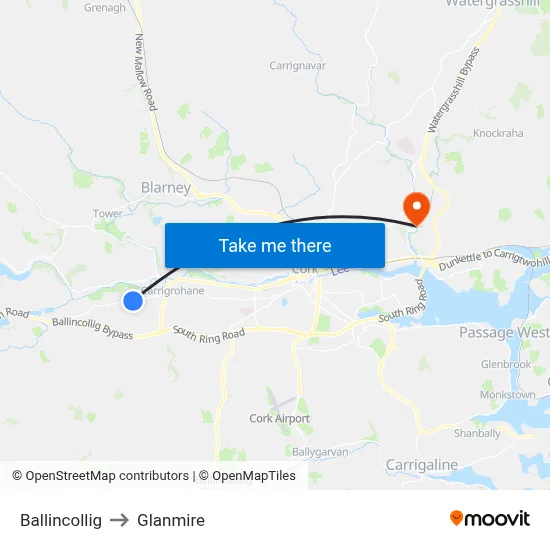 Ballincollig to Glanmire map