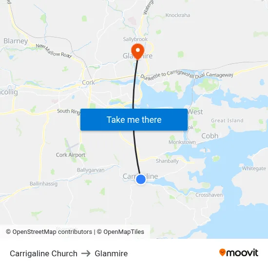 Carrigaline Church to Glanmire map