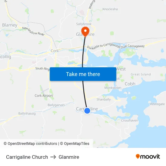 Carrigaline Church to Glanmire map