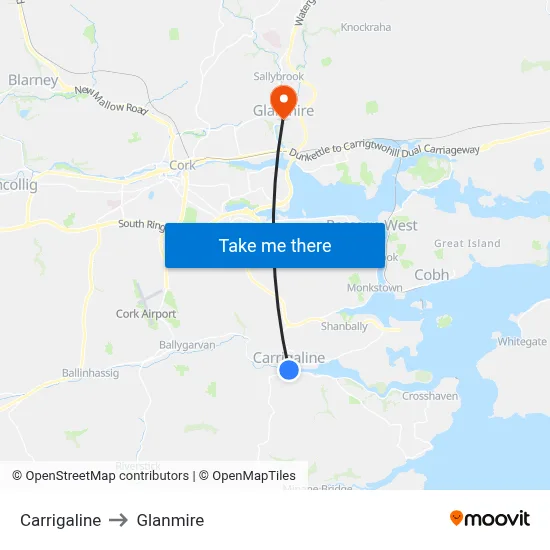 Carrigaline to Glanmire map