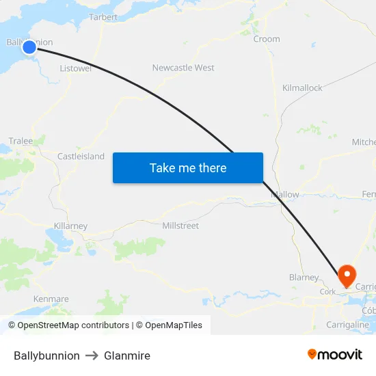 Ballybunnion to Glanmire map