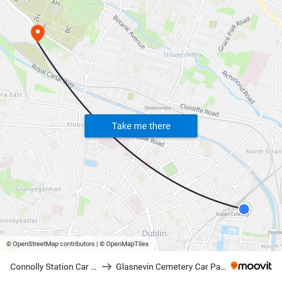 Connolly Station Car Park to Glasnevin Cemetery Car Parking map