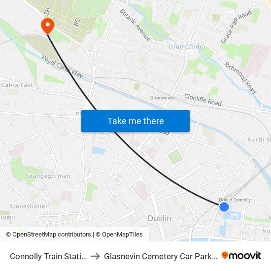 Connolly Train Station to Glasnevin Cemetery Car Parking map