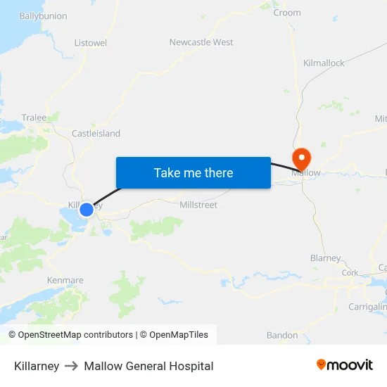 Killarney to Mallow General Hospital map