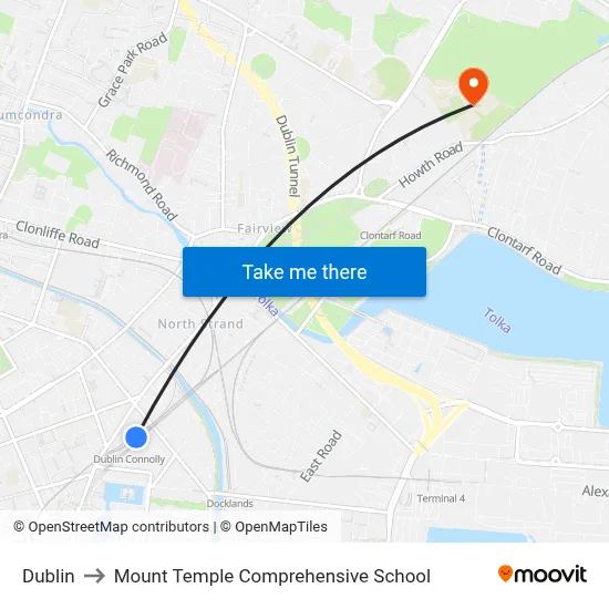 Dublin to Mount Temple Comprehensive School map