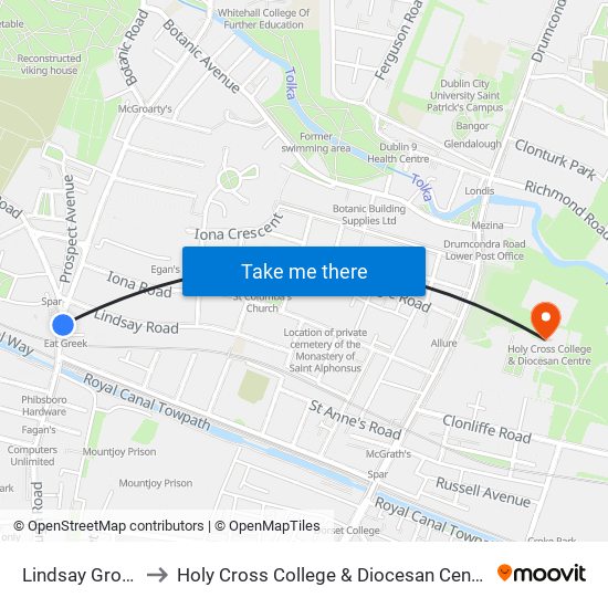 Lindsay Grove to Holy Cross College & Diocesan Centre map