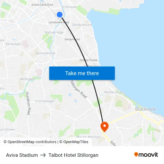 Aviva Stadium to Talbot Hotel Stillorgan map