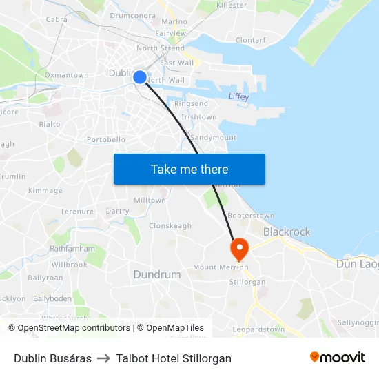 Dublin Busáras to Talbot Hotel Stillorgan map