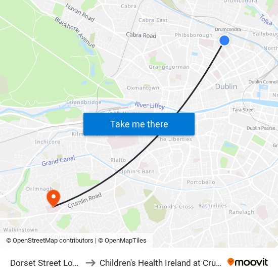 Dorset Street Lower to Children's Health Ireland at Crumlin map