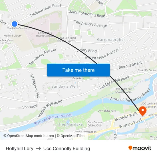 Hollyhill Lbry to Ucc Connolly Building map