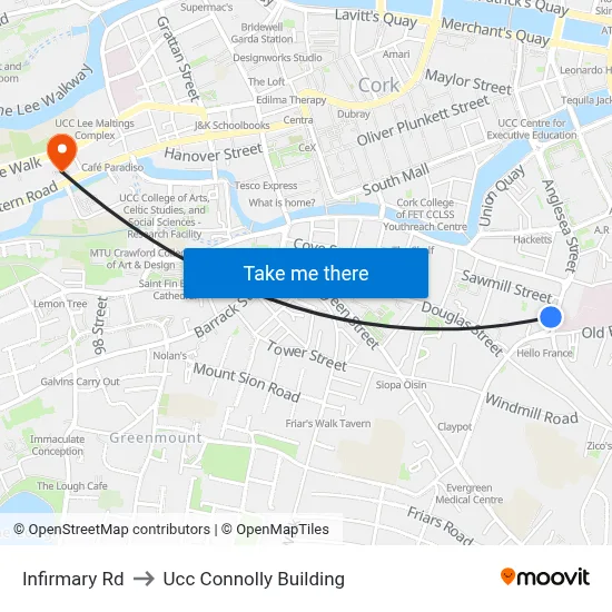 Infirmary Rd to Ucc Connolly Building map