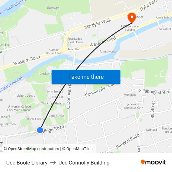 Ucc Boole Library to Ucc Connolly Building map