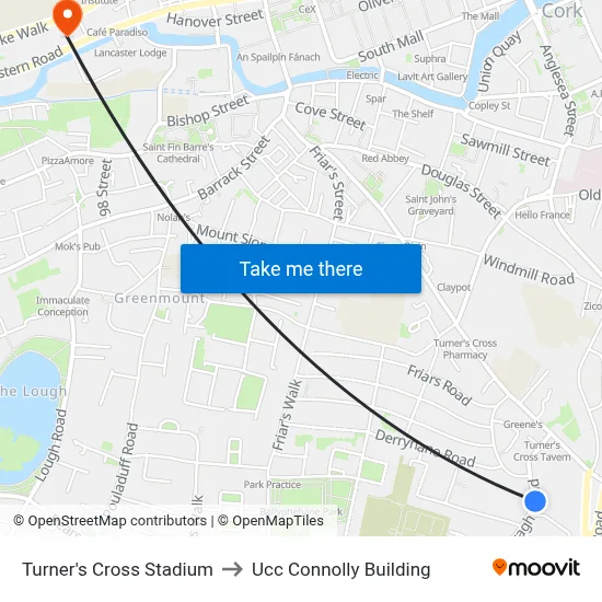 Turner's Cross Stadium to Ucc Connolly Building map