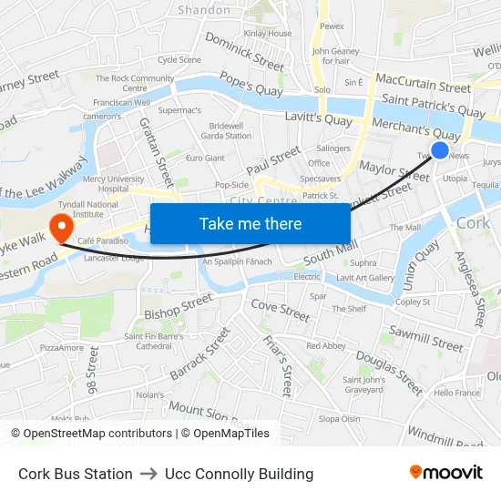 Cork Bus Station to Ucc Connolly Building map