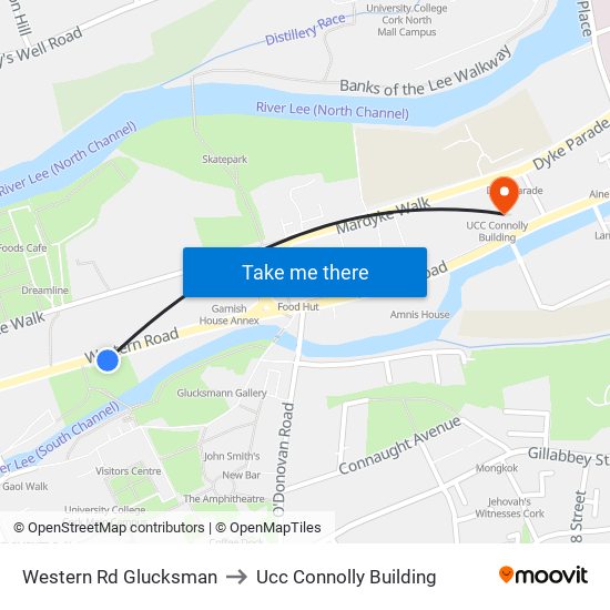 Western Rd Glucksman to Ucc Connolly Building map
