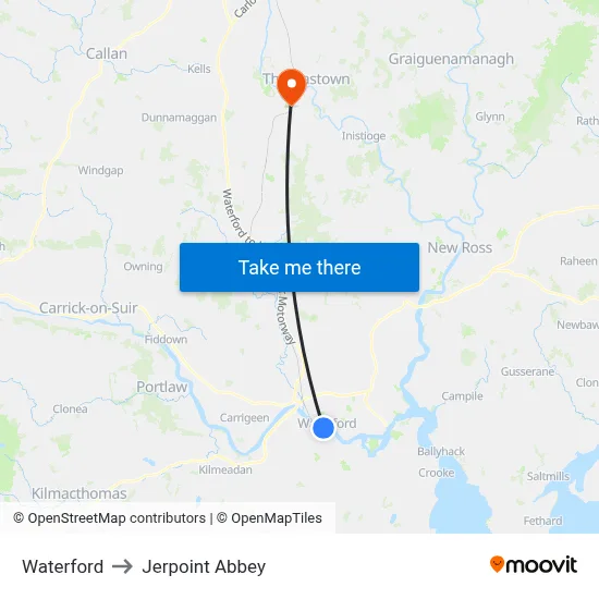 Waterford to Jerpoint Abbey map
