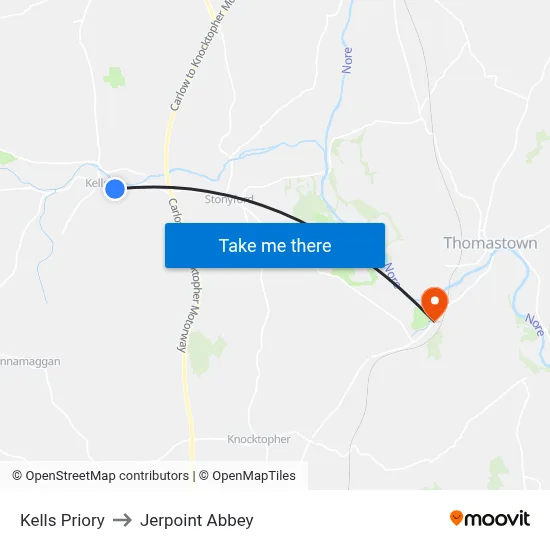 Kells Priory to Jerpoint Abbey map