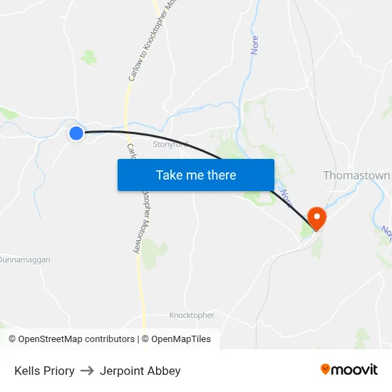 Kells Priory to Jerpoint Abbey map
