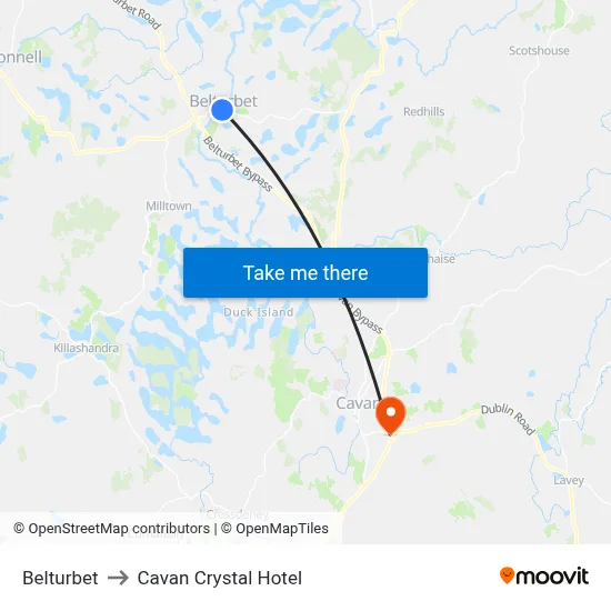 Belturbet to Cavan Crystal Hotel map