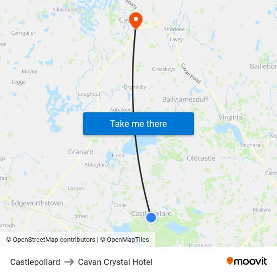 Castlepollard to Cavan Crystal Hotel map