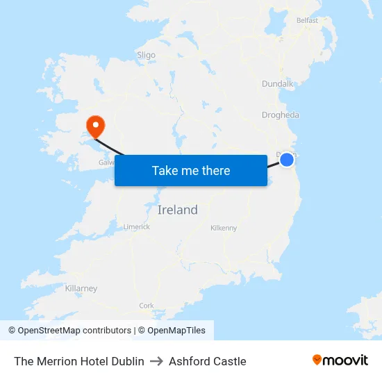 The Merrion Hotel Dublin to Ashford Castle map