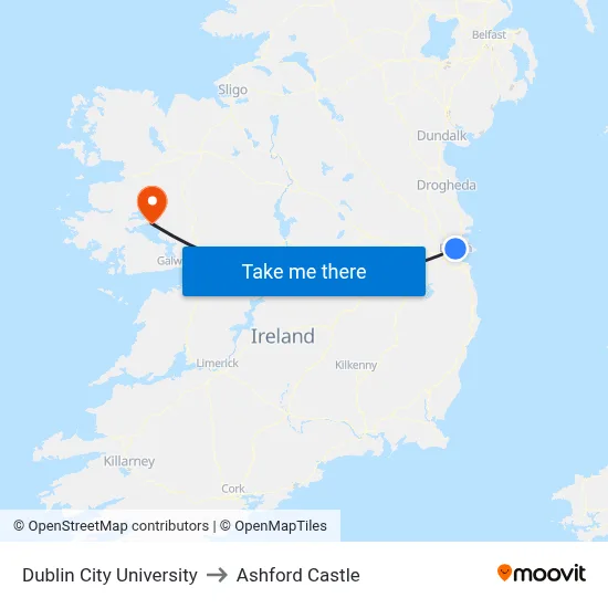 Dublin City University to Ashford Castle map